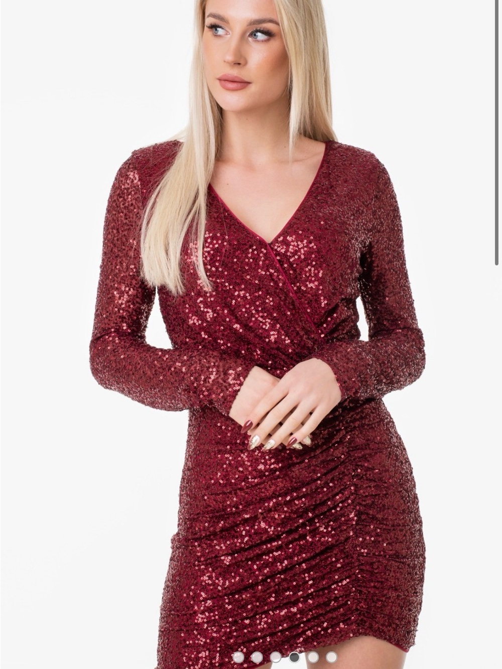 Molly Bracken Burgundy Sequin Long-Sleeve Wrap Mini Dress